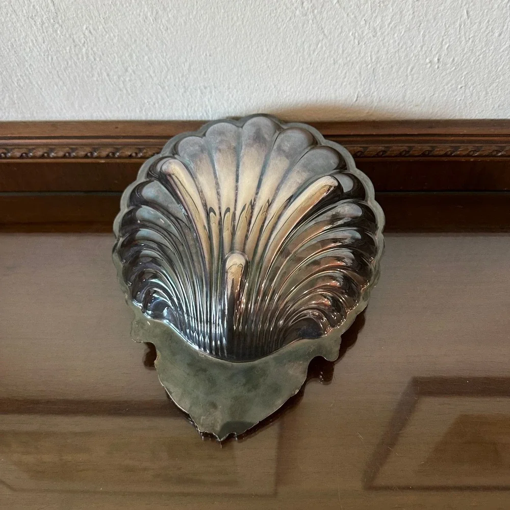 Vintage Silver Plated Clam Shell Dish Scalloped Coastal Catchall Tray 10 Inch
